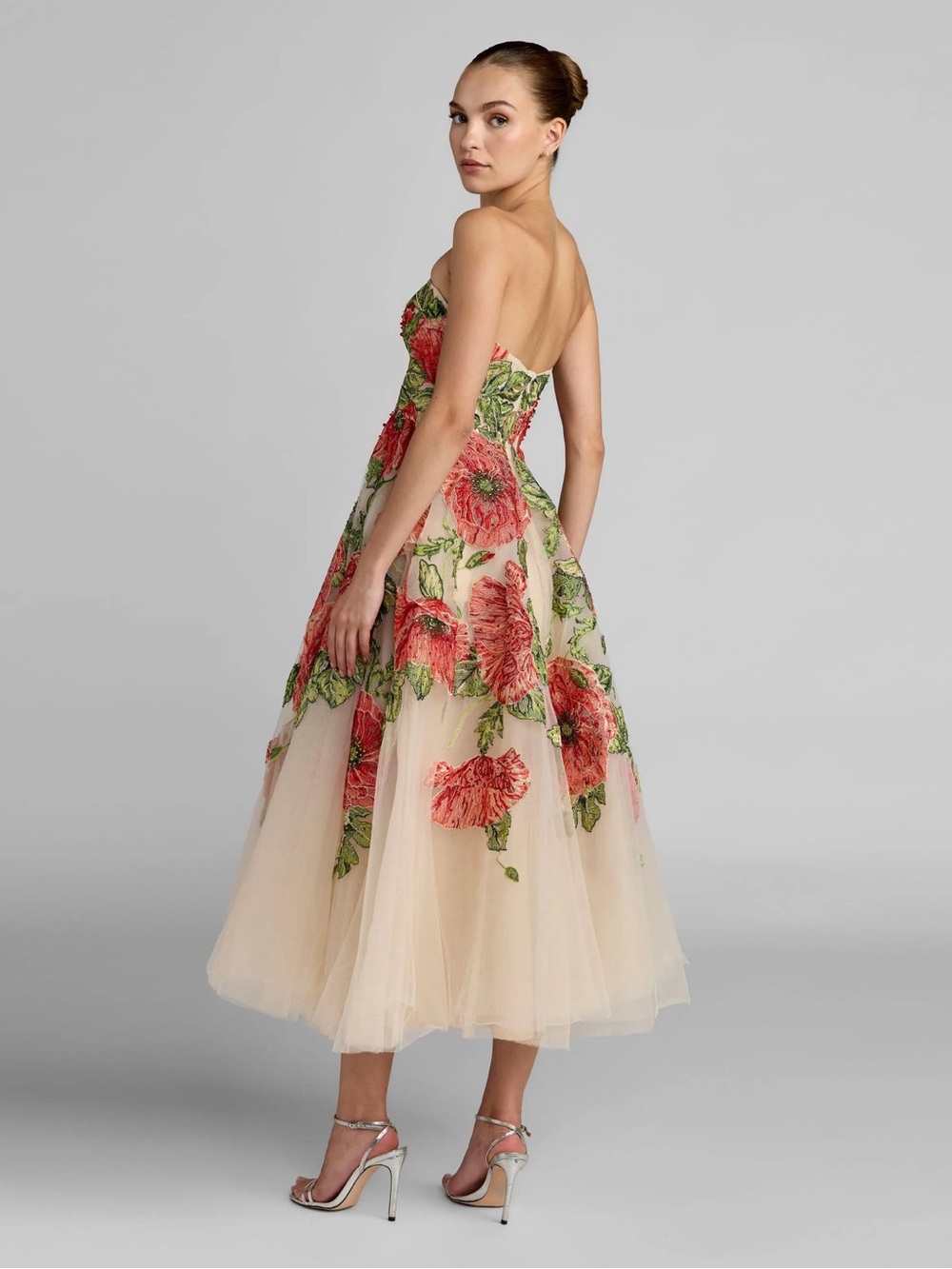 Mac Duggal Beige Strapless Floral Embroidered Midi Dress - Picture 2 of 16
